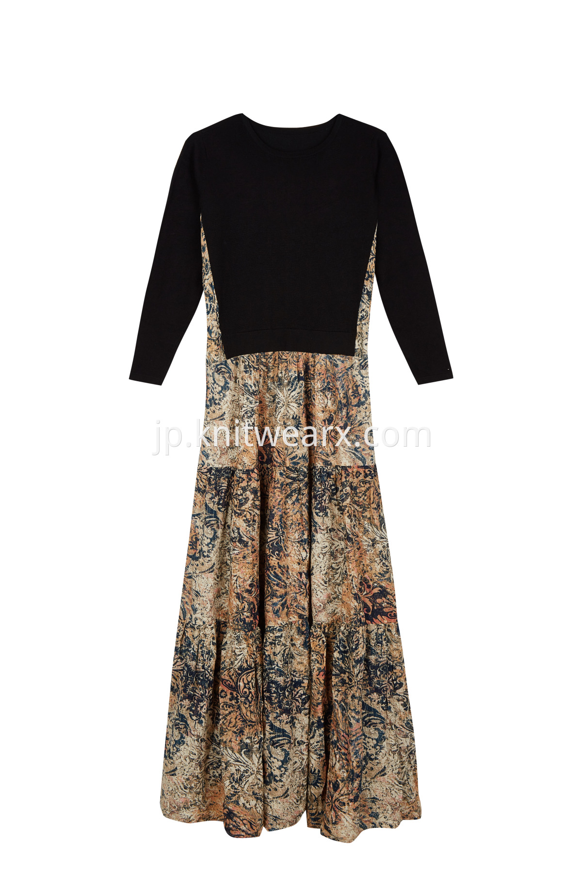 Women's Elegant Knit and Woven Print Bohemian Long Dress 